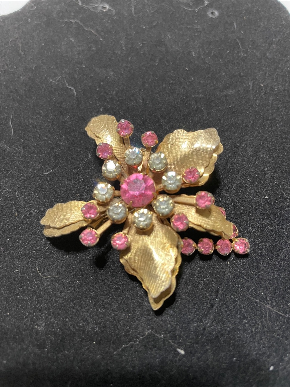 Vintage Gold Floral Brooch with Pink and Clear Rhinestones